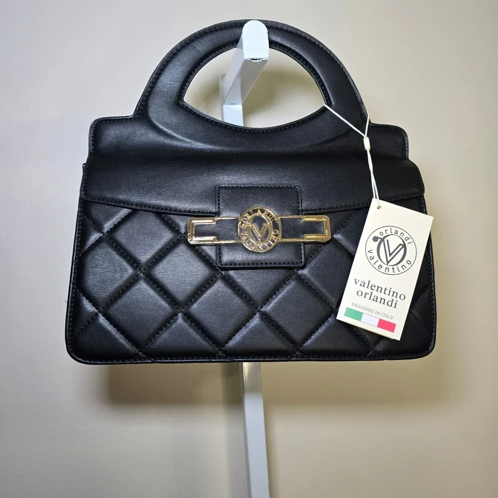 Valentino Orlandi‎ Black Quilted Satchel Handbag Style V2002 MSRP 179